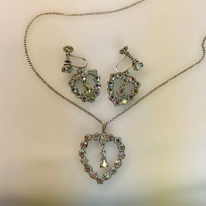 B David Aurora Borealis Rhinestone Earrings Necklace Heart Set Marked Sterling